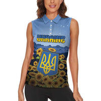 Personalized Ukraine Women Sleeveless Polo Shirt Coat Of Arms On Sunflower Field - Wonder Print Shop