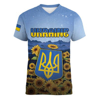 Personalized Ukraine Women V-Neck T-Shirt Coat Of Arms On Sunflower Field - Wonder Print Shop