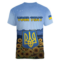 Personalized Ukraine Women V-Neck T-Shirt Coat Of Arms On Sunflower Field - Wonder Print Shop