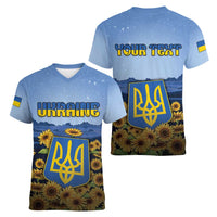 Personalized Ukraine Women V-Neck T-Shirt Coat Of Arms On Sunflower Field - Wonder Print Shop