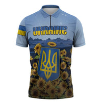 Personalized Ukraine Zipper Polo Shirt Coat Of Arms On Sunflower Field - Wonder Print Shop