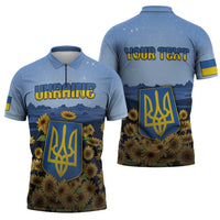 Personalized Ukraine Zipper Polo Shirt Coat Of Arms On Sunflower Field - Wonder Print Shop