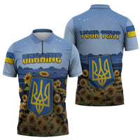 Personalized Ukraine Zipper Polo Shirt Coat Of Arms On Sunflower Field - Wonder Print Shop