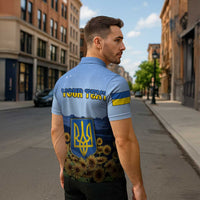 Personalized Ukraine Zipper Polo Shirt Coat Of Arms On Sunflower Field DT05