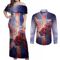 Personalized United Kingdom Couples Matching Off Shoulder Maxi Dress and Long Sleeve Button Shirt British Lion Flag Style - Wonder Print Shop