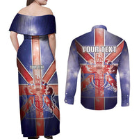 Personalized United Kingdom Couples Matching Off Shoulder Maxi Dress and Long Sleeve Button Shirt British Lion Flag Style - Wonder Print Shop