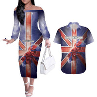 Personalized United Kingdom Couples Matching Off The Shoulder Long Sleeve Dress and Hawaiian Shirt British Lion Flag Style - Wonder Print Shop