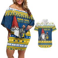Sweden Christmas Couples Matching Off Shoulder Short Dress and Hawaiian Shirt Tomte God Jul - Wonder Print Shop