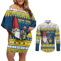 Sweden Christmas Couples Matching Off Shoulder Short Dress and Long Sleeve Button Shirt Tomte God Jul - Wonder Print Shop