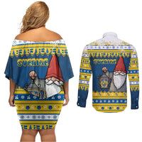 Sweden Christmas Couples Matching Off Shoulder Short Dress and Long Sleeve Button Shirt Tomte God Jul - Wonder Print Shop