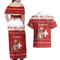 Switzerland Christmas Couples Matching Off Shoulder Maxi Dress and Hawaiian Shirt Saint Bernard Merry Swissmas - Wonder Print Shop
