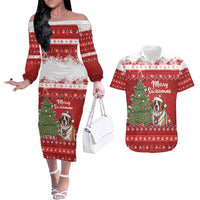 Switzerland Christmas Couples Matching Off The Shoulder Long Sleeve Dress and Hawaiian Shirt Saint Bernard Merry Swissmas - Wonder Print Shop