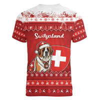 Switzerland Christmas Women V-Neck T-Shirt Saint Bernard Merry Swissmas - Wonder Print Shop