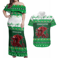 Wales Christmas Couples Matching Off Shoulder Maxi Dress and Hawaiian Shirt Cymru Dragon Nadolig Llawen - Wonder Print Shop