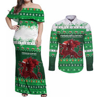 Wales Christmas Couples Matching Off Shoulder Maxi Dress and Long Sleeve Button Shirt Cymru Dragon Nadolig Llawen - Wonder Print Shop