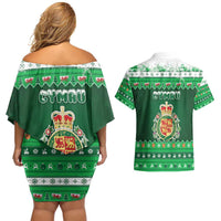 Wales Christmas Couples Matching Off Shoulder Short Dress and Hawaiian Shirt Cymru Dragon Nadolig Llawen - Wonder Print Shop