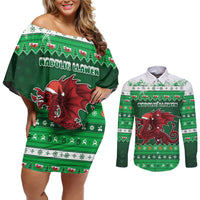 Wales Christmas Couples Matching Off Shoulder Short Dress and Long Sleeve Button Shirt Cymru Dragon Nadolig Llawen - Wonder Print Shop