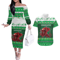 Wales Christmas Couples Matching Off The Shoulder Long Sleeve Dress and Hawaiian Shirt Cymru Dragon Nadolig Llawen - Wonder Print Shop