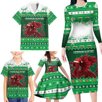 Wales Christmas Family Matching Long Sleeve Bodycon Dress and Hawaiian Shirt Cymru Dragon Nadolig Llawen - Wonder Print Shop