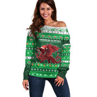 Wales Christmas Off Shoulder Sweater Cymru Dragon Nadolig Llawen - Wonder Print Shop