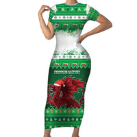 Wales Christmas Short Sleeve Bodycon Dress Cymru Dragon Nadolig Llawen - Wonder Print Shop