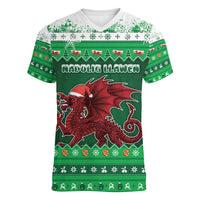 Wales Christmas Women V-Neck T-Shirt Cymru Dragon Nadolig Llawen - Wonder Print Shop