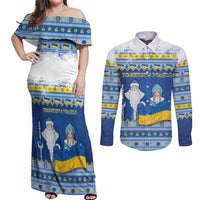 Ukraine Christmas Couples Matching Off Shoulder Maxi Dress and Long Sleeve Button Shirt Ded Moroz And Snegurochka - Wonder Print Shop