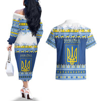 Ukraine Christmas Couples Matching Off The Shoulder Long Sleeve Dress and Hawaiian Shirt Ded Moroz And Snegurochka - Wonder Print Shop