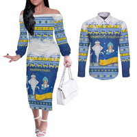 Ukraine Christmas Couples Matching Off The Shoulder Long Sleeve Dress and Long Sleeve Button Shirt Ded Moroz And Snegurochka - Wonder Print Shop