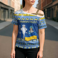 Ukraine Christmas Cross Shoulder Shirt Ded Moroz And Snegurochka - Wonder Print Shop