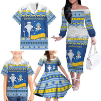 Ukraine Christmas Family Matching Off The Shoulder Long Sleeve Dress and Hawaiian Shirt Ded Moroz And Snegurochka - Wonder Print Shop