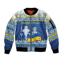 Ukraine Christmas Sleeve Zip Bomber Jacket Ded Moroz And Snegurochka - Wonder Print Shop