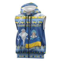 Ukraine Christmas Sleeveless Zip Hoodie Ded Moroz And Snegurochka - Wonder Print Shop