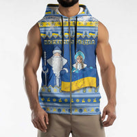 Ukraine Christmas Sleeveless Zip Hoodie Ded Moroz And Snegurochka - Wonder Print Shop