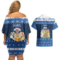 Scotland Christmas Couples Matching Off Shoulder Short Dress and Hawaiian Shirt Scottish Santa Claus - Wonder Print Shop