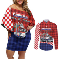 Croatia Christmas Couples Matching Off Shoulder Short Dress and Long Sleeve Button Shirt Santa Claus Drives Home With Gifts - Wonder Print Shop