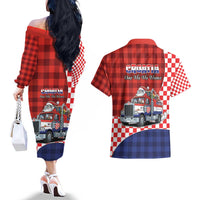 Croatia Christmas Couples Matching Off The Shoulder Long Sleeve Dress and Hawaiian Shirt Santa Claus Drives Home With Gifts - Wonder Print Shop