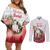 Poland Christmas Couples Matching Off Shoulder Short Dress and Long Sleeve Button Shirt Dziadek Mroz With Wreath - Wonder Print Shop