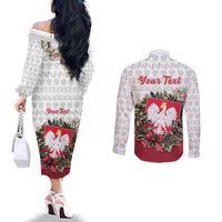 Poland Christmas Couples Matching Off The Shoulder Long Sleeve Dress and Long Sleeve Button Shirt Dziadek Mroz With Wreath - Wonder Print Shop