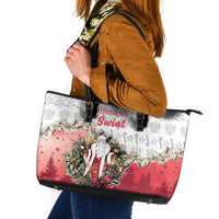 Poland Christmas Leather Tote Bag Dziadek Mroz With Wreath - Wonder Print Shop