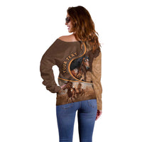 Personalized Horse Racing Off Shoulder Sweater Royal Race Leather Effect