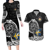 Personalized Viking Sweden Couples Matching Long Sleeve Bodycon Dress and Hawaiian Shirt Swedish Viking Ship