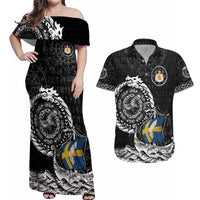 Personalized Viking Sweden Couples Matching Off Shoulder Maxi Dress and Hawaiian Shirt Swedish Viking Ship