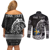 Personalized Viking Sweden Couples Matching Off Shoulder Short Dress and Long Sleeve Button Shirt Swedish Viking Ship
