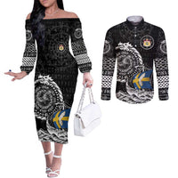 Personalized Viking Sweden Couples Matching Off The Shoulder Long Sleeve Dress and Long Sleeve Button Shirt Swedish Viking Ship