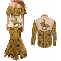 Cowboy Couples Matching Mermaid Dress and Long Sleeve Button Shirt Horse Riding Retro Western Yoke Beige - Wonder Print Shop