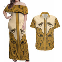 Cowboy Couples Matching Off Shoulder Maxi Dress and Hawaiian Shirt Horse Riding Retro Western Yoke Beige - Wonder Print Shop
