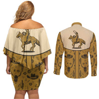 Cowboy Couples Matching Off Shoulder Short Dress and Long Sleeve Button Shirt Horse Riding Retro Western Yoke Beige - Wonder Print Shop