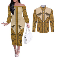 Cowboy Couples Matching Off The Shoulder Long Sleeve Dress and Long Sleeve Button Shirt Horse Riding Retro Western Yoke Beige - Wonder Print Shop
