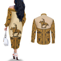 Cowboy Couples Matching Off The Shoulder Long Sleeve Dress and Long Sleeve Button Shirt Horse Riding Retro Western Yoke Beige - Wonder Print Shop
